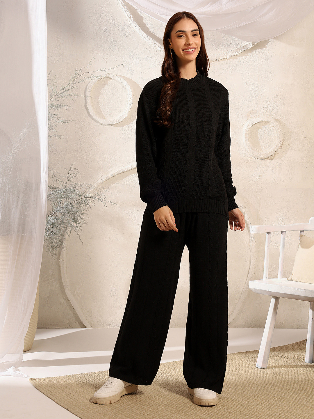 ETC Round Neck Cable Knitted Acrylic Sweater & Palazzo