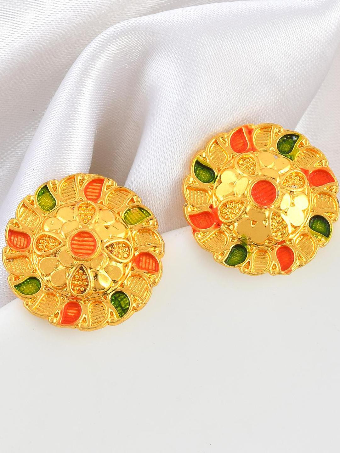 DZINETRENDZ Women Brass Micron Gold Meenakari Stud Earrings