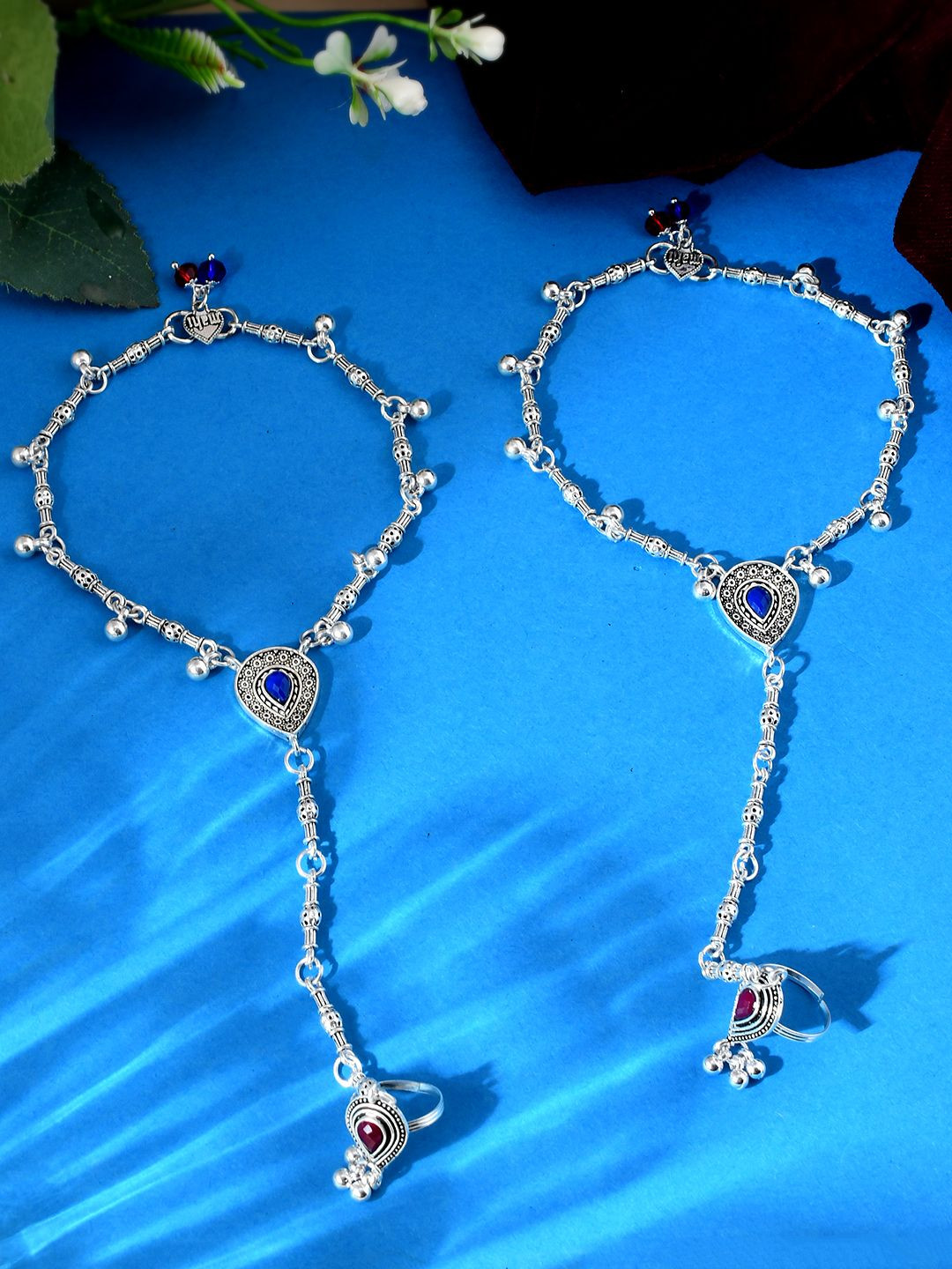 Silvermerc Designs Silver-Plated Artificial Stones Studded and Beaded Toe Ring Anklets