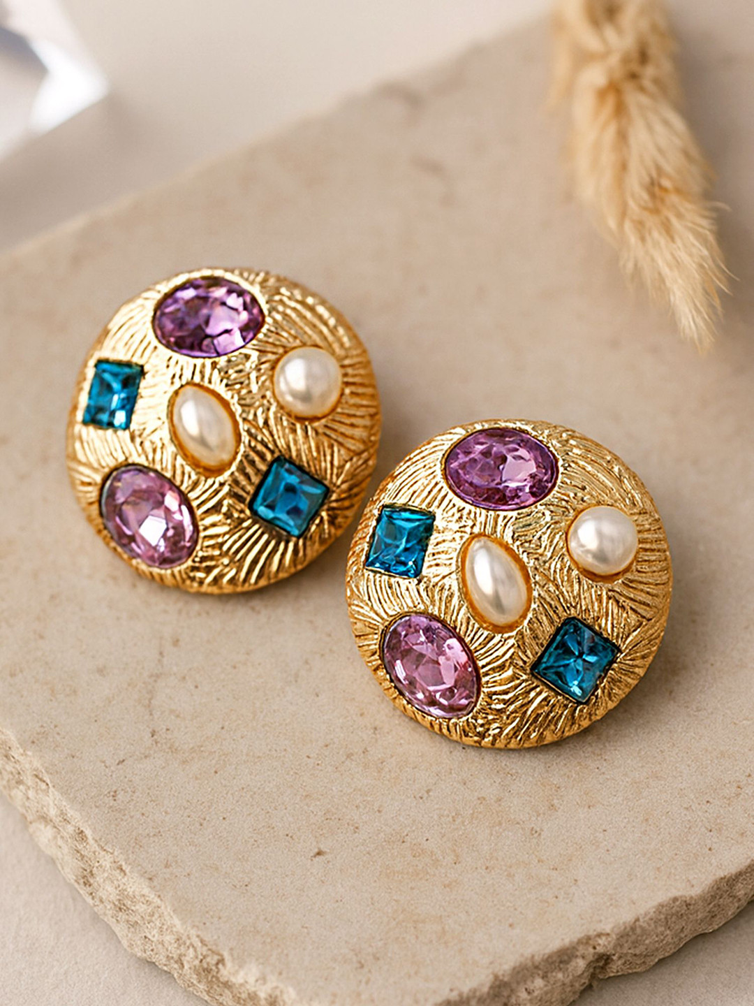 Bohey by KARATCART Gold-Plated Artificial Stone Studded Circular Shaped Studs