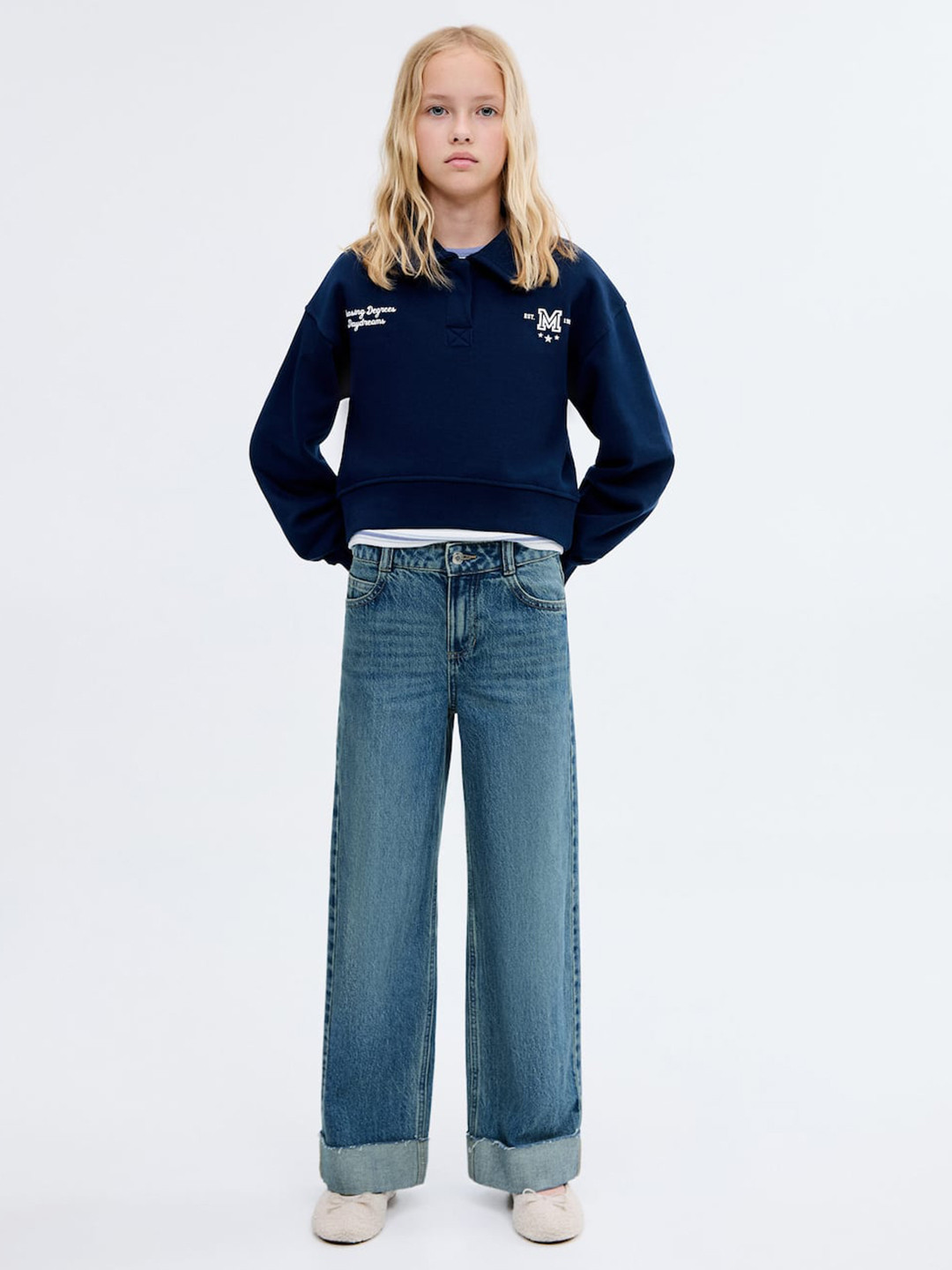 Mango Kids Girls Wide Leg Frayed Hem Pure Cotton Jeans