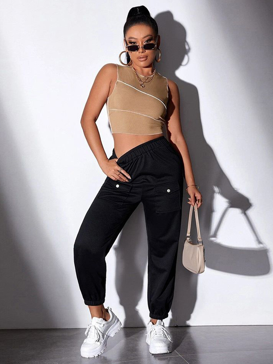 Outzidr Women Khaki Ribbed Sleeveless Crop Top