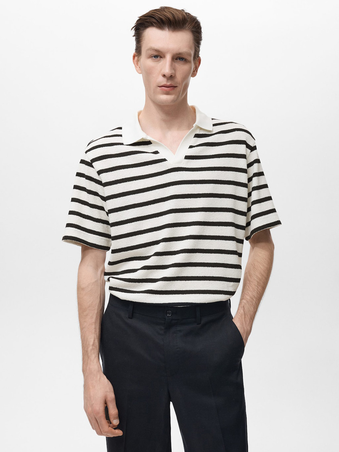 MANGO MAN Striped Drop-Shoulder Sleeves Knitted Polo Collar T-shirt