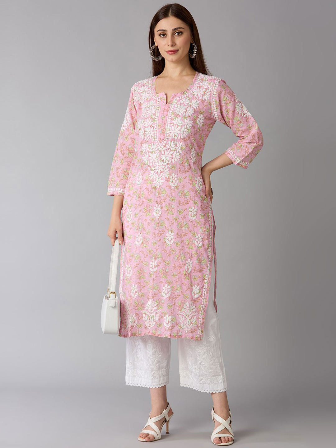 Indiankala4u Floral Printed Notch Neck Chikankari Pure Cotton Straight Kurta