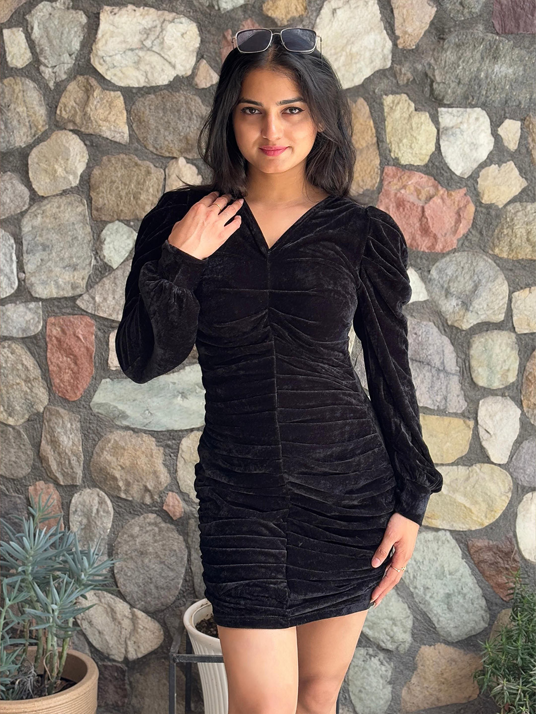 TANDUL Women Black Velvet V-Neck Puff Sleeves Poly Silk Bodycon Dress