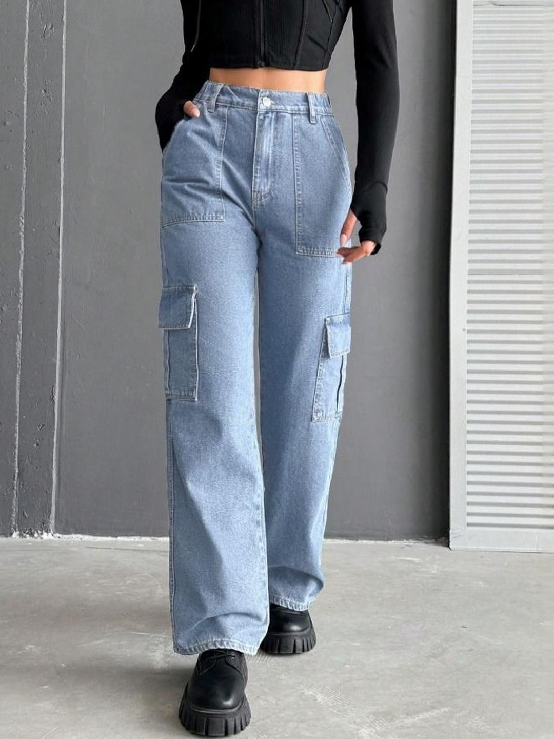 Ds Fashion Women Comfort High-Rise Light Fade Cargo jeans