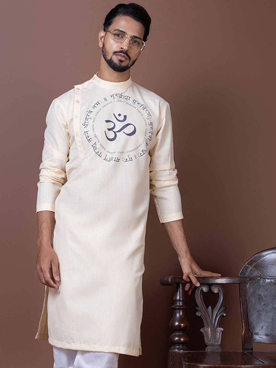 PulseIQ Men Beige Ethnic Motifs Om Printed Kurta