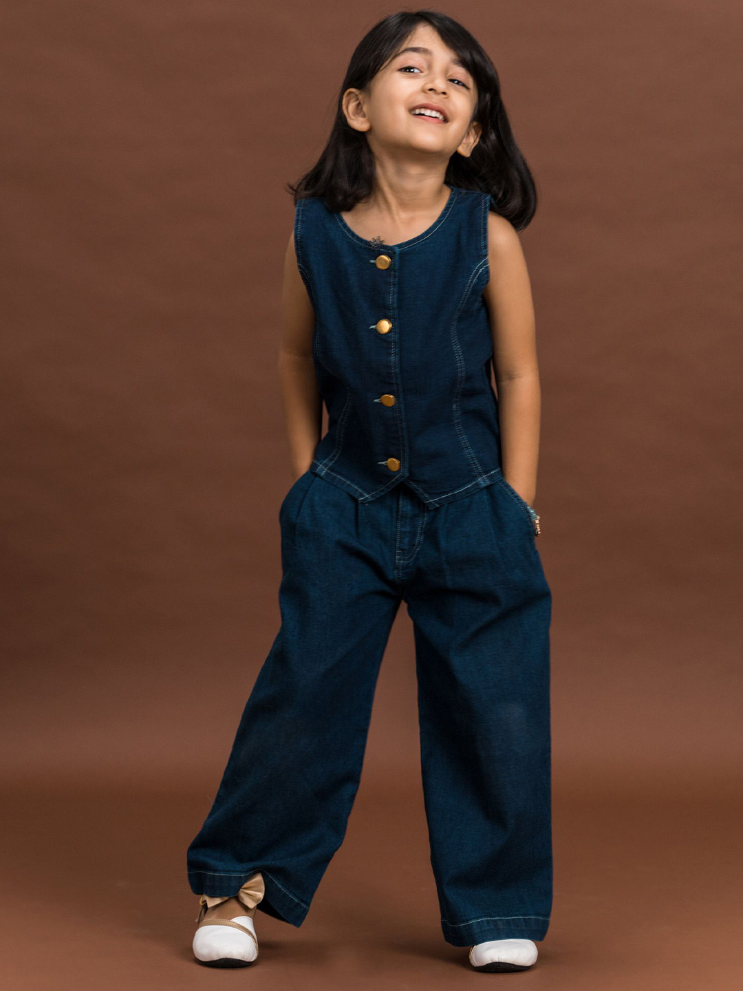 HIMMEL Girls Denim Round Neck Sleeveless Casual Regular Top