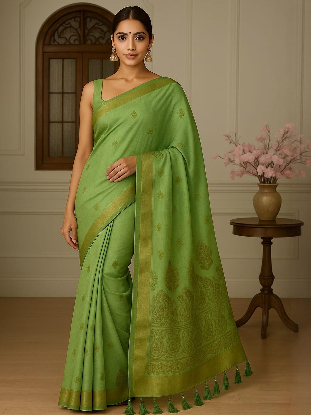 Silakaari Green Silk Cotton Banarasi Sarees
