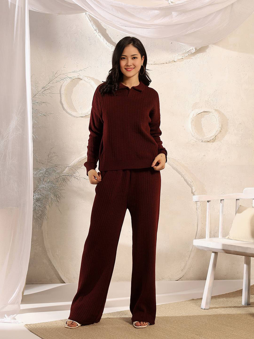 ETC Women Maroon Solid Collar-Neck Sweater with Palazzos Co-Ord Set