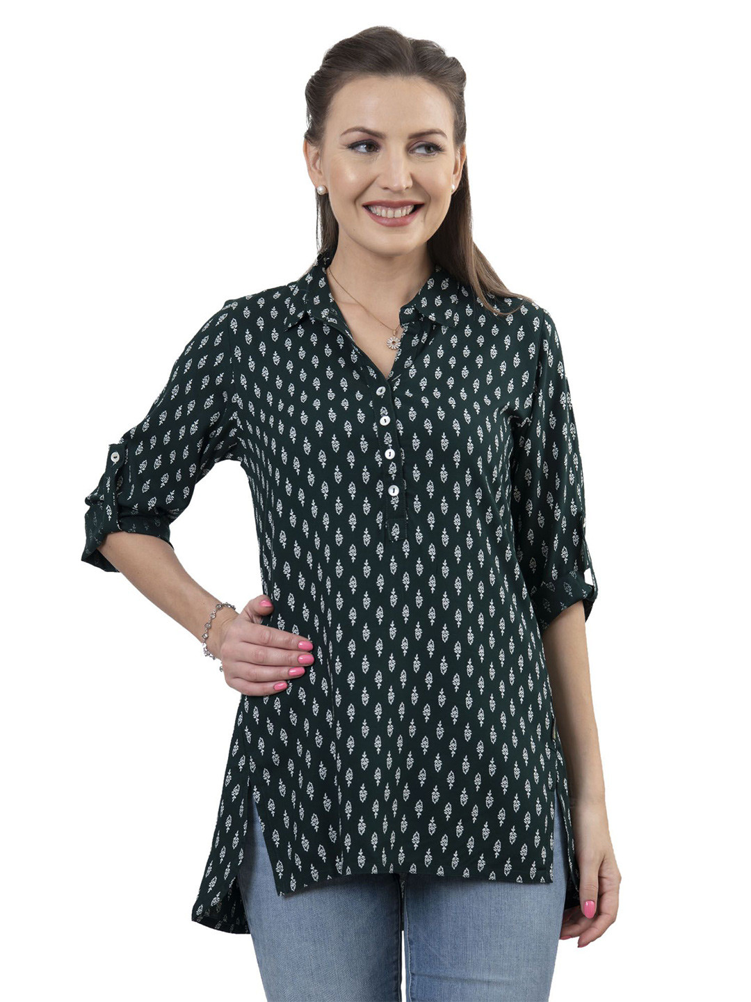 SANAA Women Ethnic Motifs Printed A-Line Regular Shirt Collar Roll-Up Sleeves Kurti