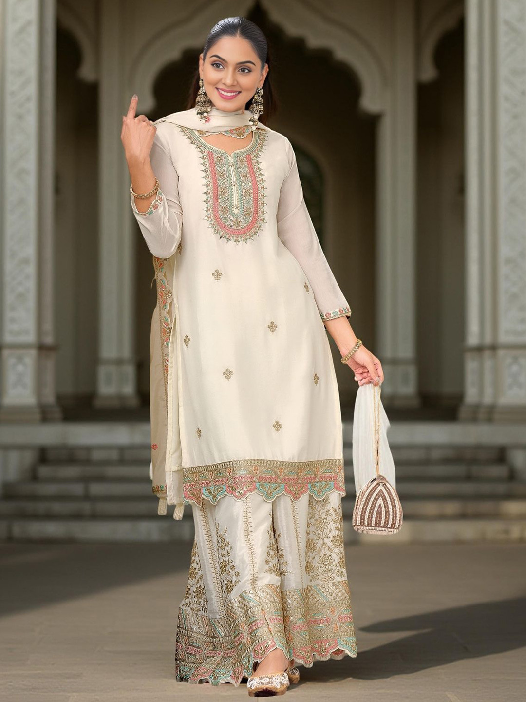 ODETTE White Chinon Embroidered Stitched Kurta Set