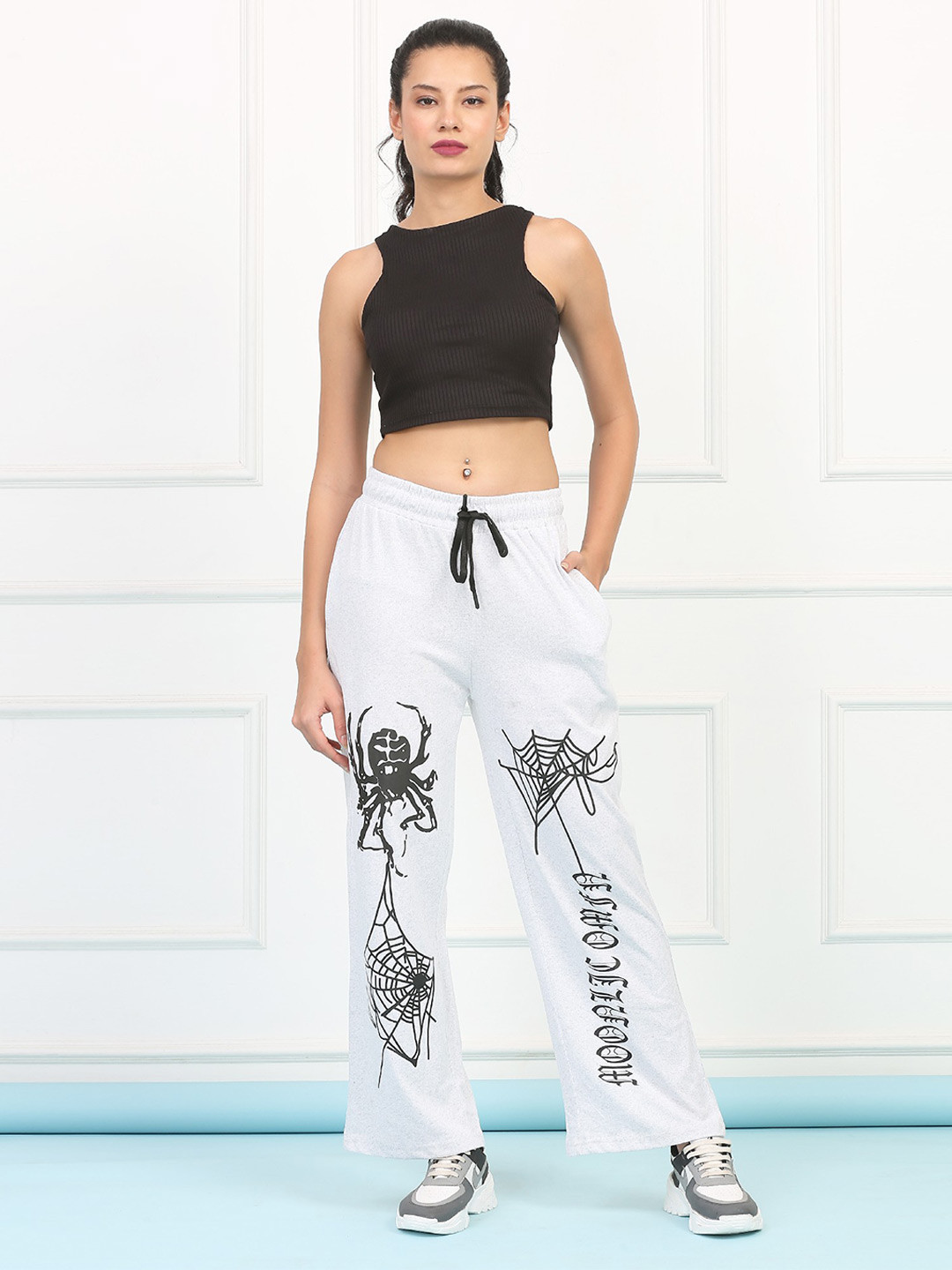 MIMID Women Typography Spidear Printed Loose Fit Mid-Rise Trousers