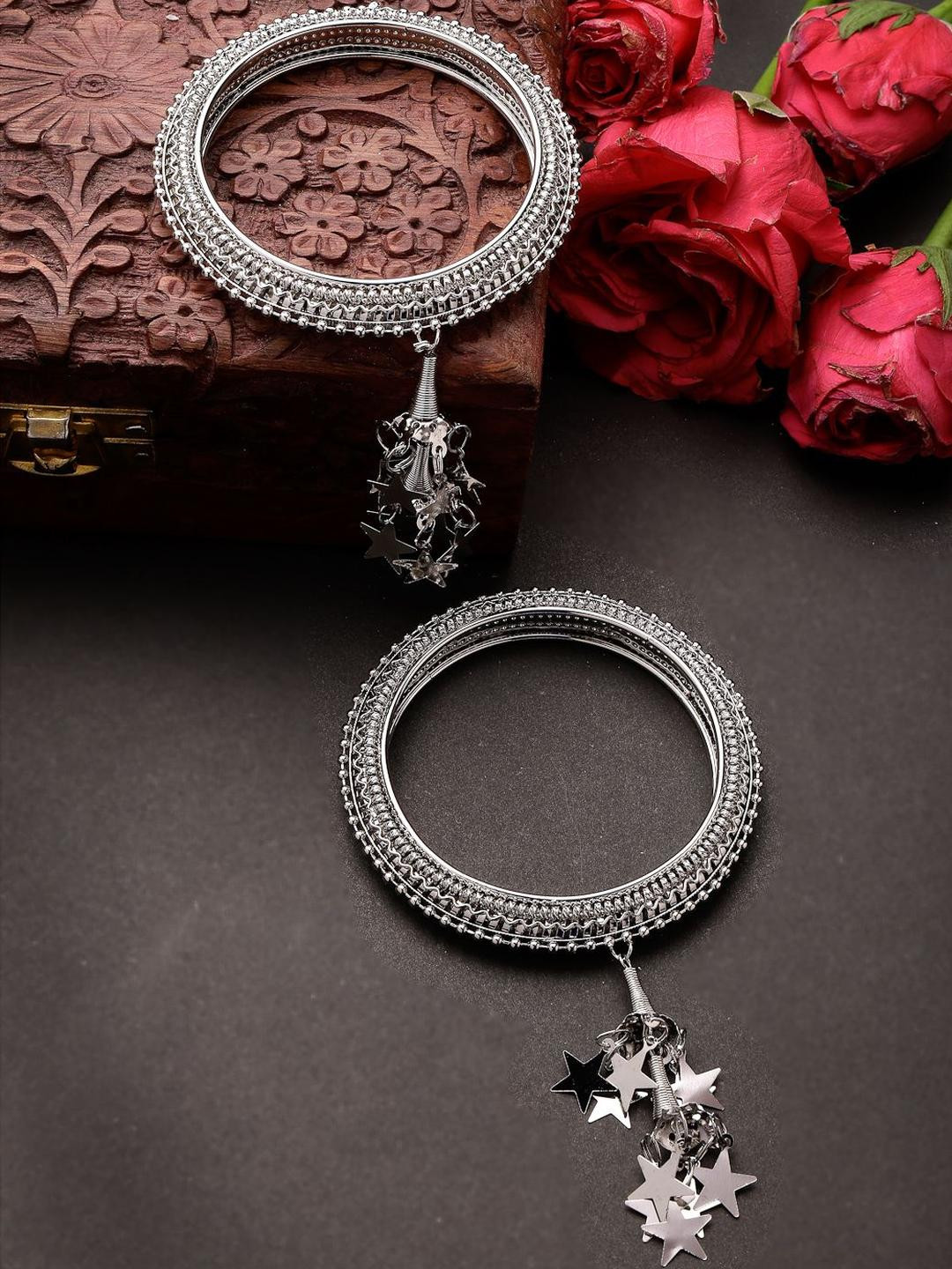 Sukkhi 2 Pcs Classic Oxidised Rhodium Plated Star Hanging Silver Bracelet Bangle Set