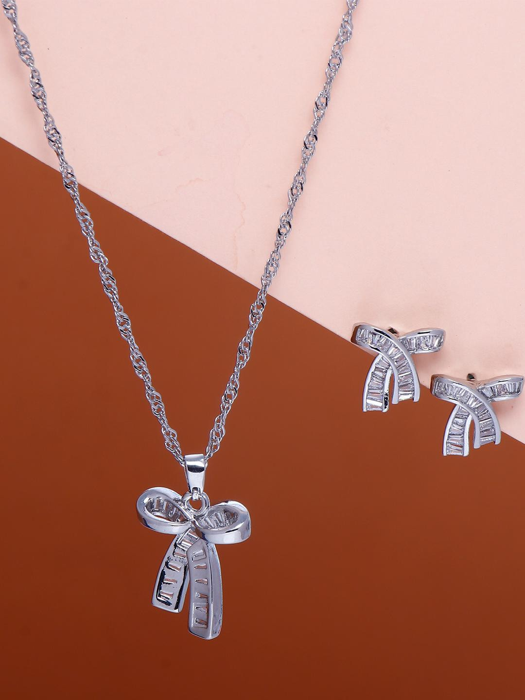 Archies Women Silver Plated Bow Shape Pendant with Earring Set