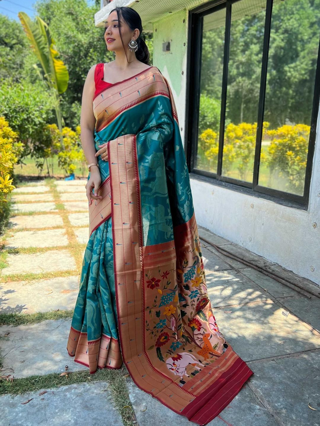 KALINI Woven Design Zari Work Paithani Sarees With Blouse