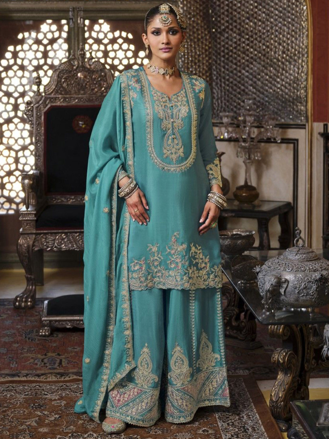 AUTUMN LANE Gunja Peacock Paisley Embroidered Sequinned Straight Kurta & Palazzo & Dupatta