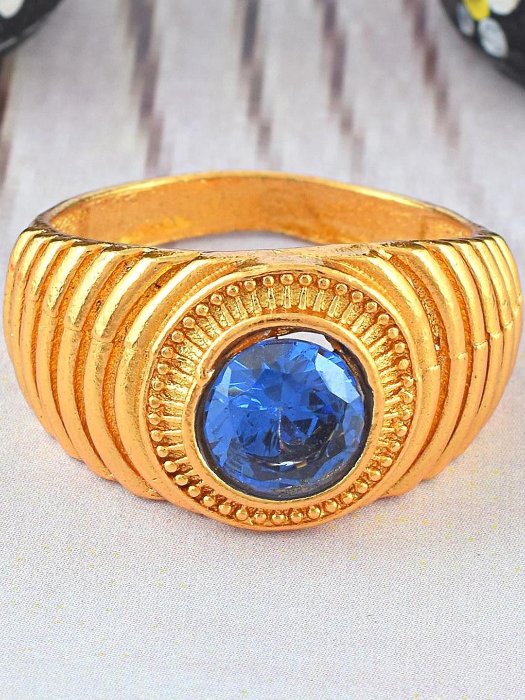 DZINETRENDZ Men Gold-Plated Brass Finger Ring Studded With Sapphire