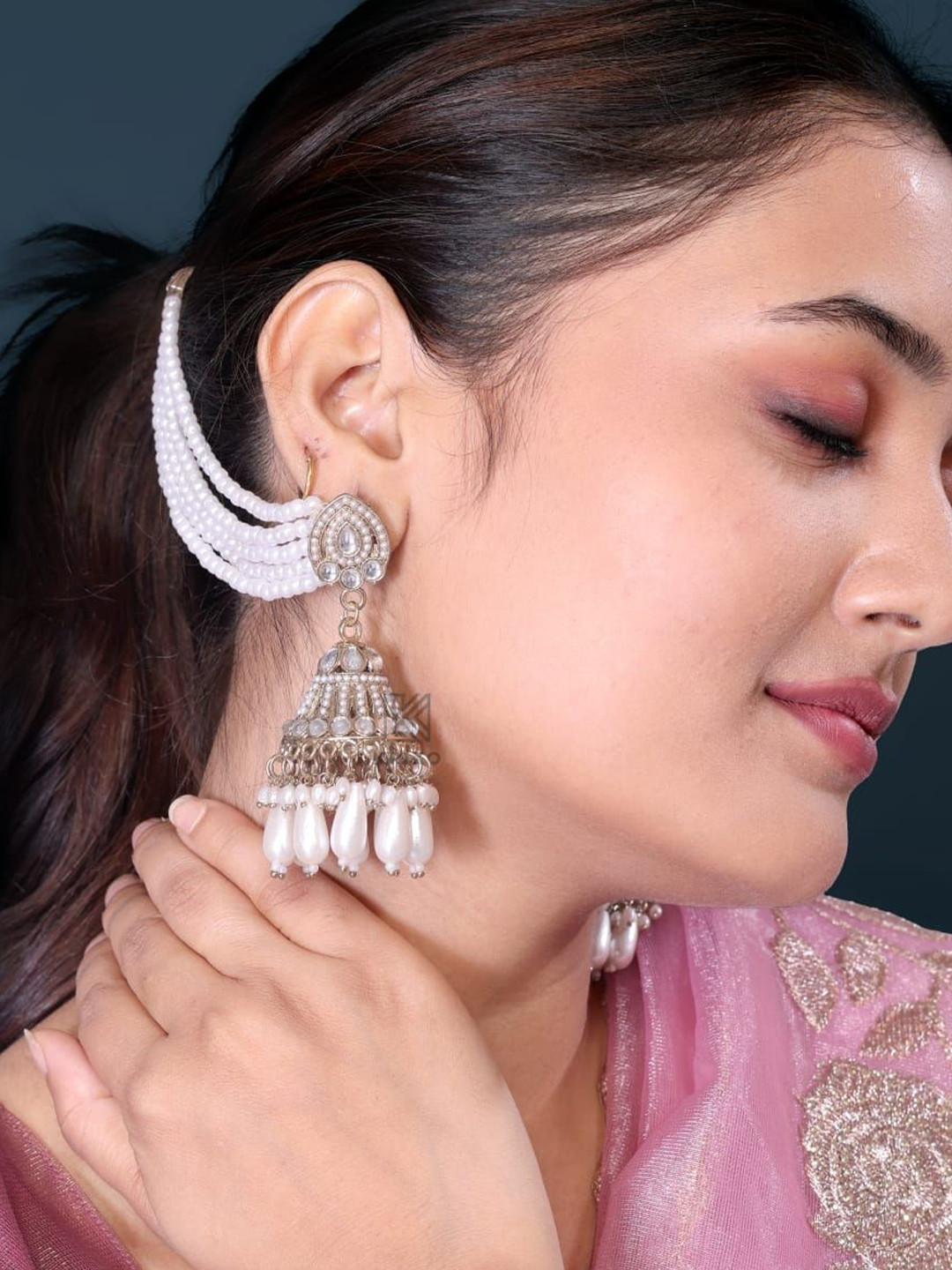 KRIXO Gold Plated Stones Studded And Pearls Beaded Teardrop Jhumkas With Earchain