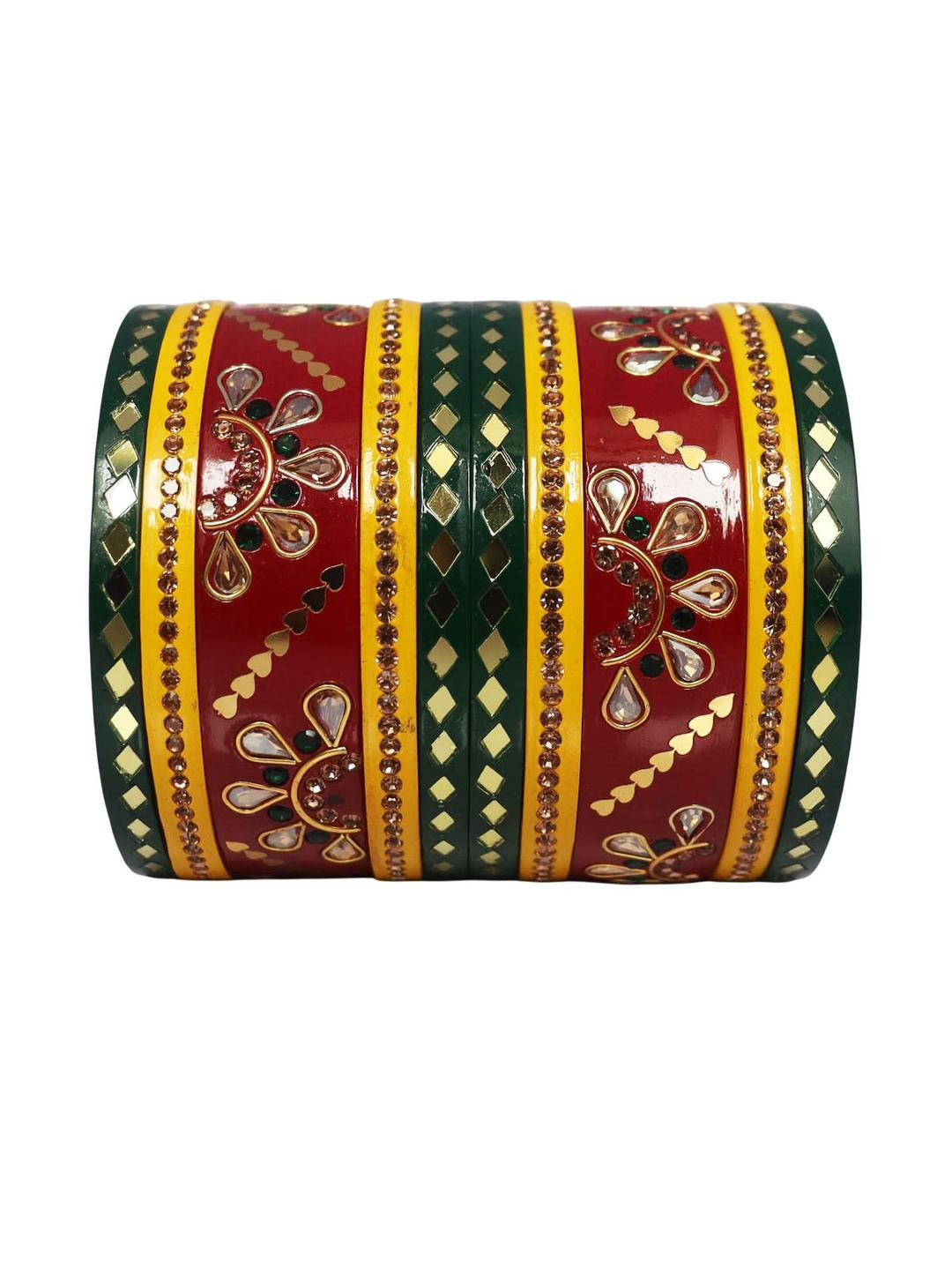 TAJ BRIDAL STORE Women Set Of 10 Chura Kundan-Studded Bangles