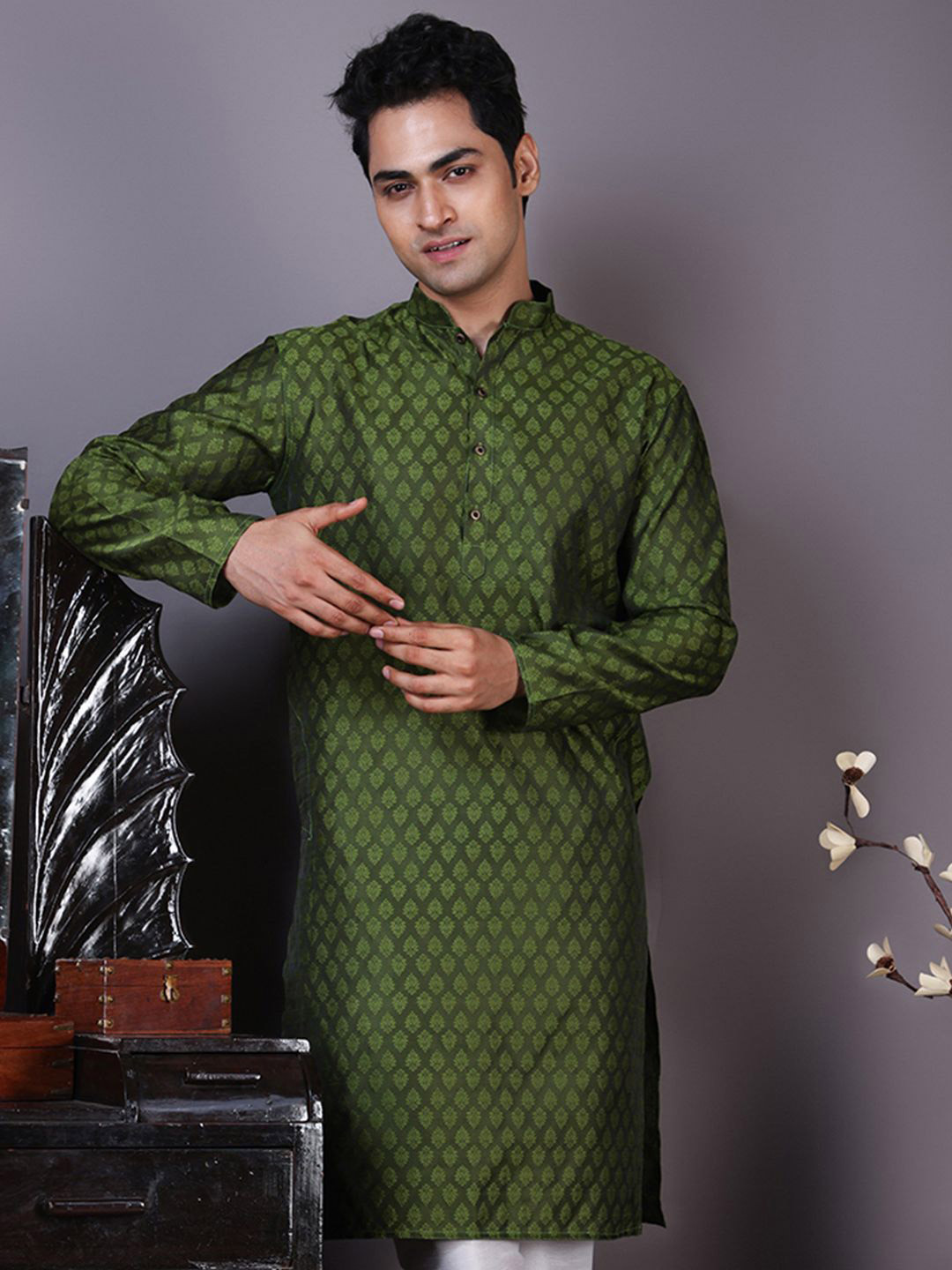 PulseIQ Men Mehendi Green Woven Design Jacquard Kurta