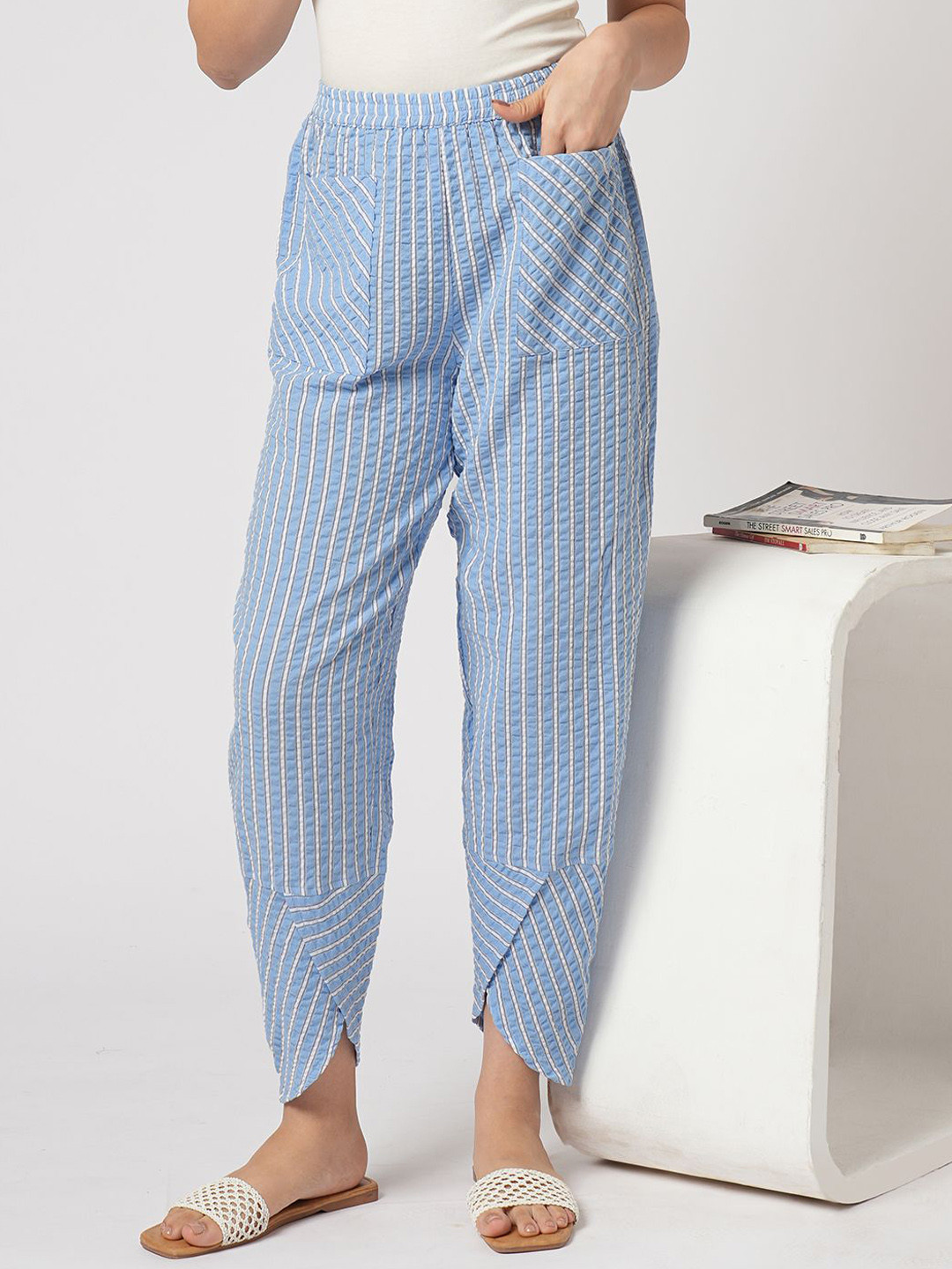 Mystere Paris Women Cotton Balanced Seersucker Striped Lounge Pants