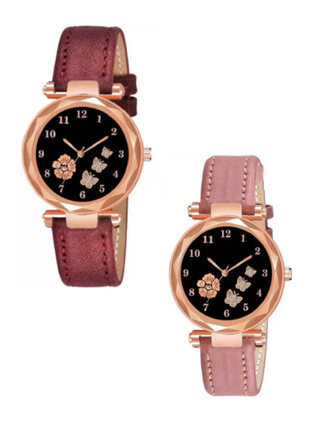 Miss Perfect Unisex Pack Of 2 Printed Dial & Leather Straps Analogue Watches HJ465