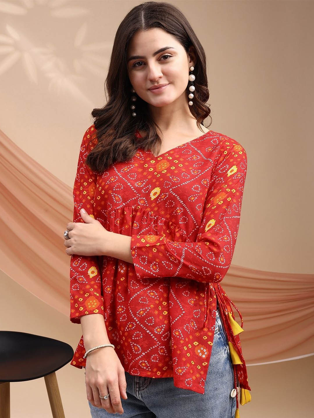 Youthnic Women Bandhani Print Peplum Kurti With Tassles and Kodi