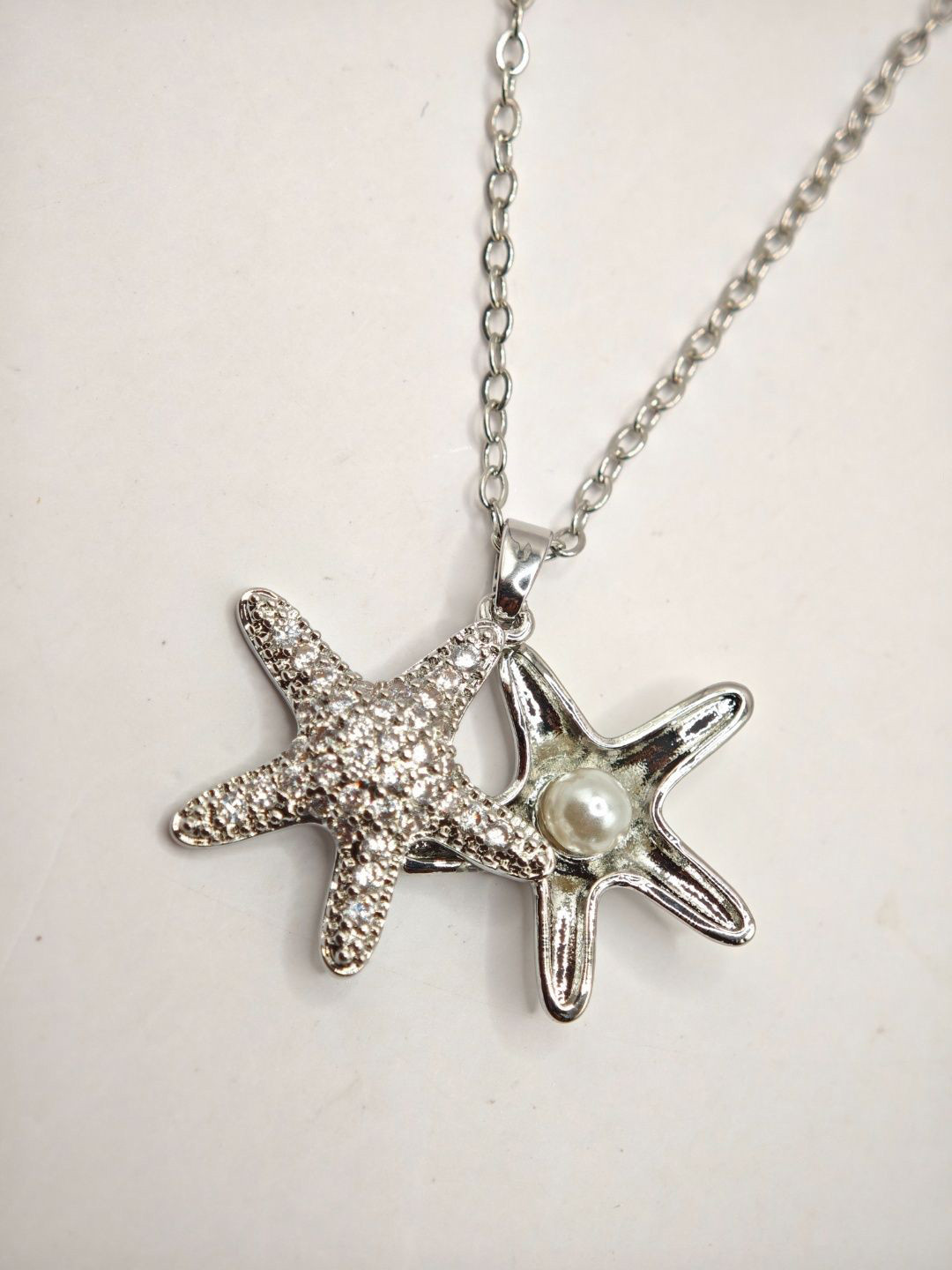 SAPRAA TRENDS Stainless Steel Rhodium-Plated AD & Pearls Studded Star Pendant & Chain