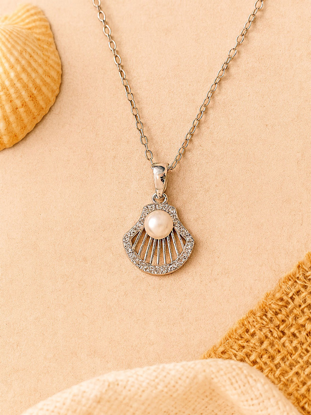 Bohey by KARATCART Silver-Plated Stones Studded & Pearls Beaded Seashell Inspired Pendant
