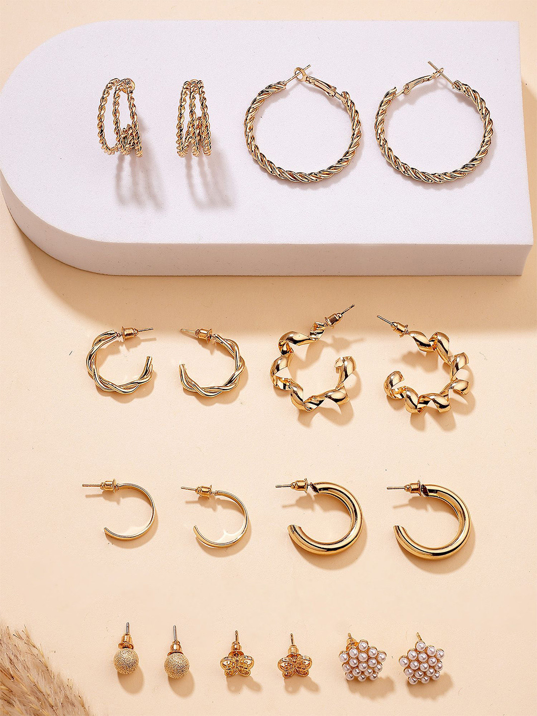 Bohey by KARATCART Set Of 9 Gold-Plated Artificial Stones And Beaded Star Shaped Studs