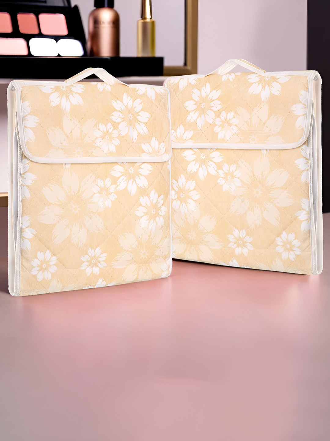 Aura Gold-Toned & White 2 Pieces Printed Pocket Makeup Storage Bag Organisers