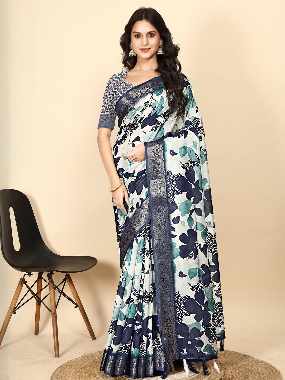SSHAGUN LIFESTYLE Blue Printed Hand Batik Cotton Silk Saree