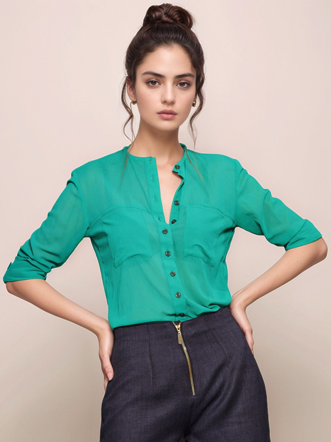 Dheeraj Sharma Women Solid Band Collar Casual Shirt