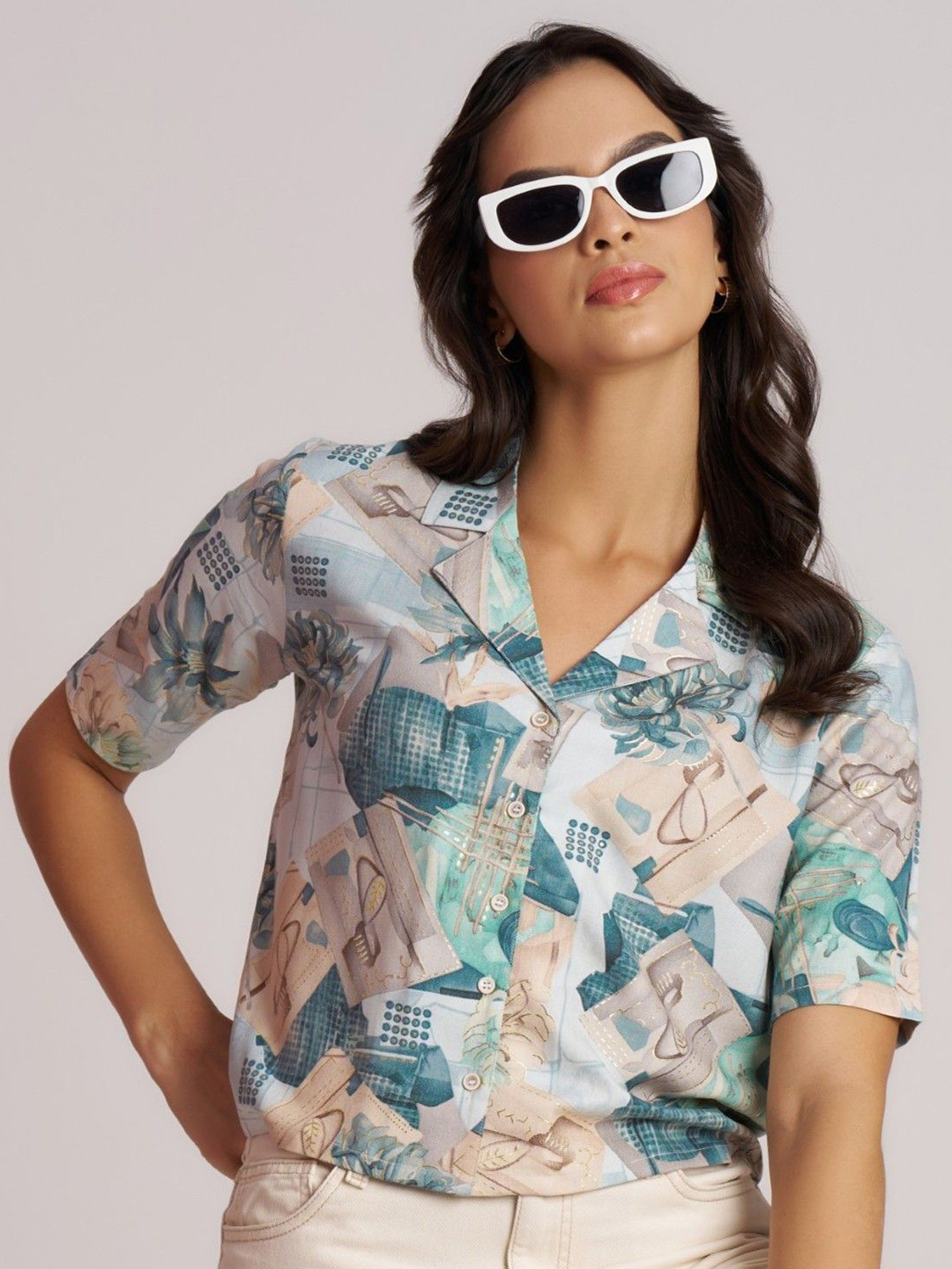 The Cloth Crow Women Abstract Print Cuban Collar Shirt