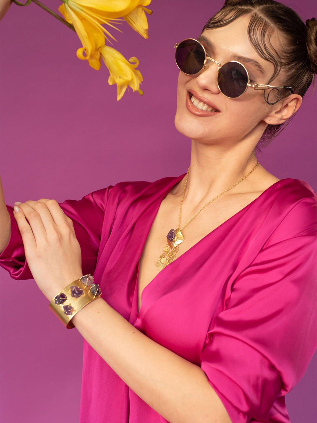 BaalaJewels Gold-Plated Amethyst Studded Bangle-Style Bracelet