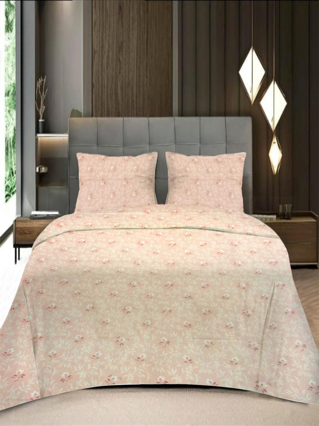 Threadwear Beige & White Printed 400 TC Pure Cotton Queen Bedsheet Set 2.55 m x 2.30 m