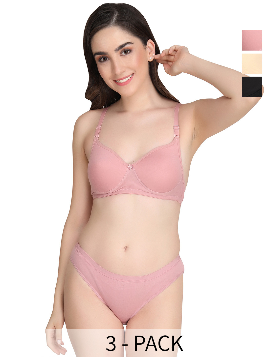 Liigne Pack Of 3 Women Everyday Non Padded Bra Mid Rise Bottom Pure Cotton Lingerie Set