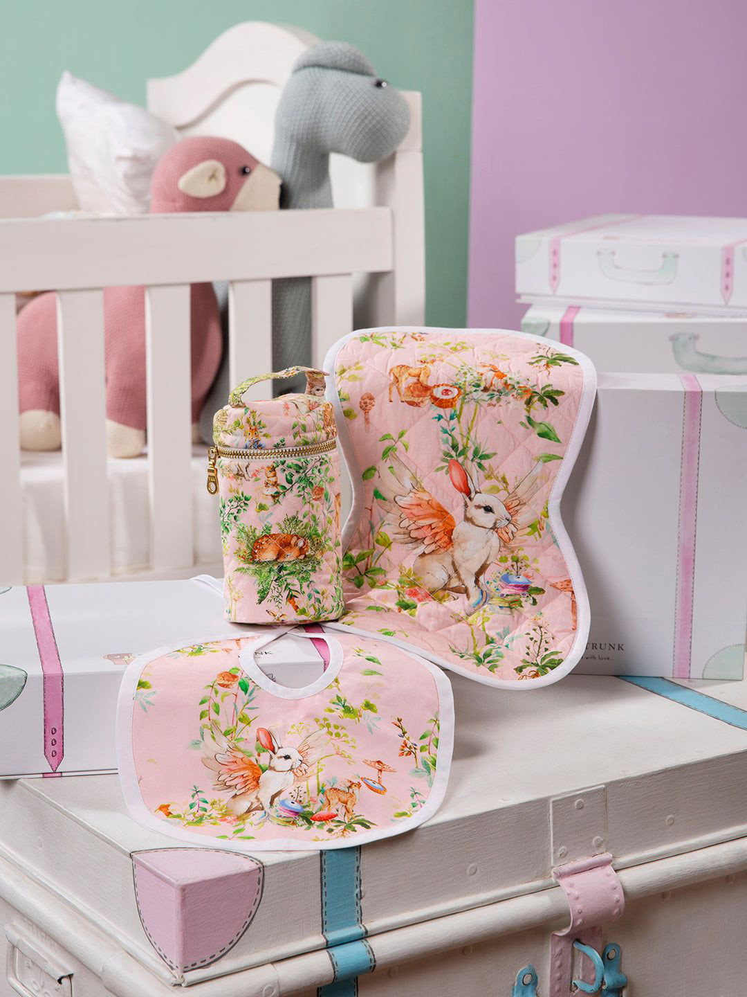 THE BABY TRUNK Infants Pack Of 3 Blush Bunny Egyptian Cotton Baby Feed Set