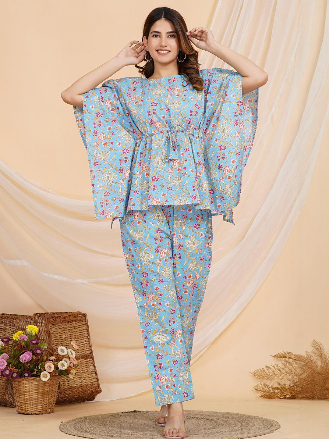 SAME FIT Printed Round Neck Pure Cotton Top With Trousers Co-Ords