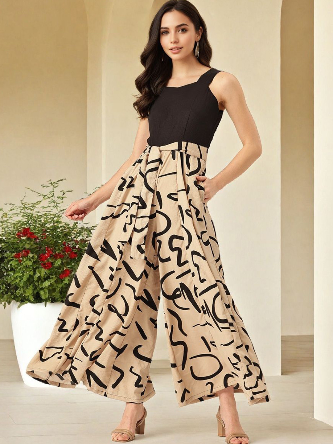 SZN Women Printed Waist Tie-Up Sleeveless Basic Jumpsuit