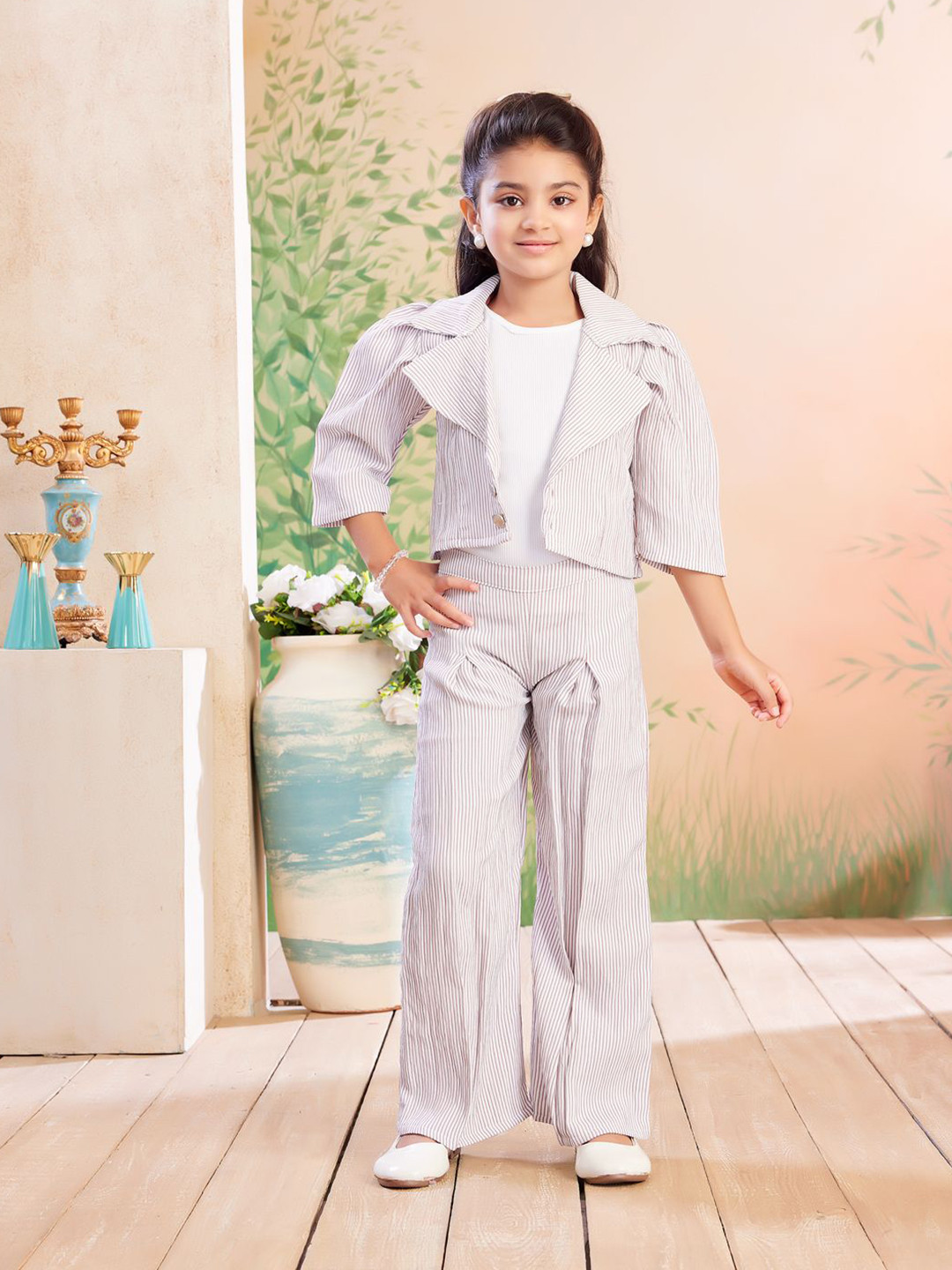 Aarika Girls Striped Lapel Collar Coat With Inner Top & Trouser