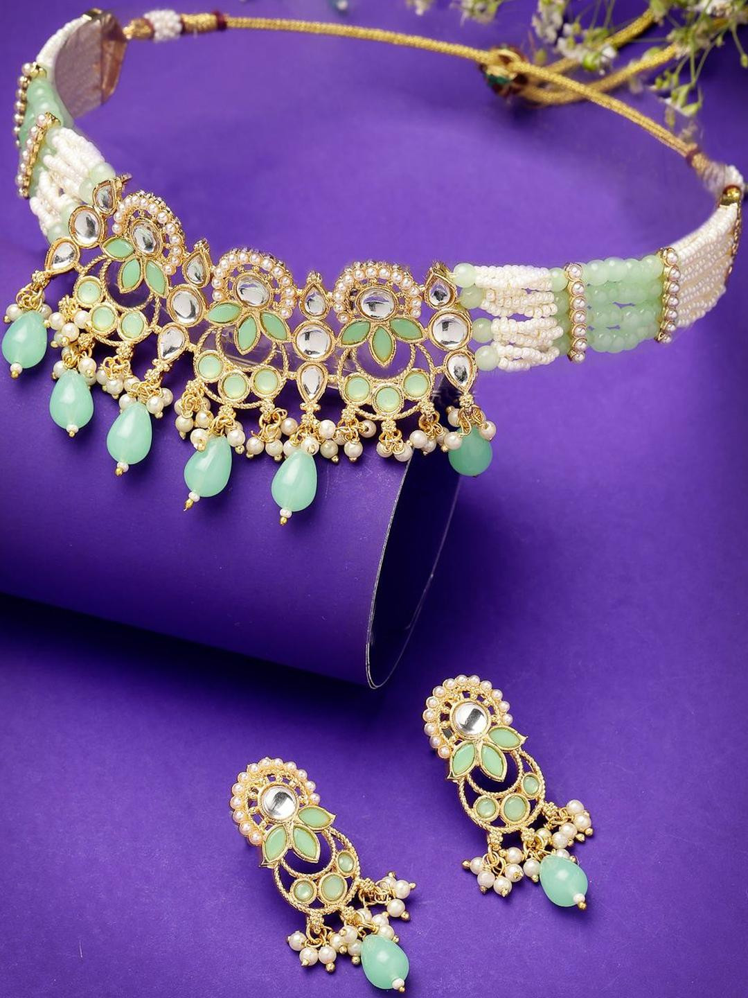 Sukkhi Gold-Plated Stone-Studded & Beaded Adjustable Choker Necklace & Earrings