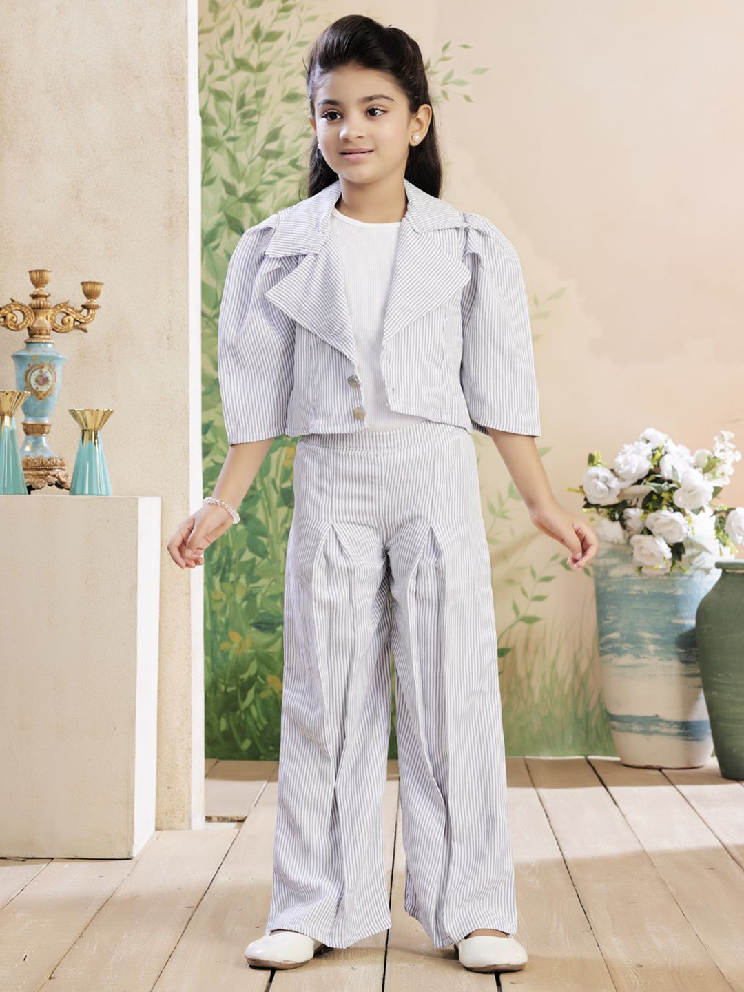 Aarika Girls Striped Lapel Collar Coat With Inner Top & Trouser