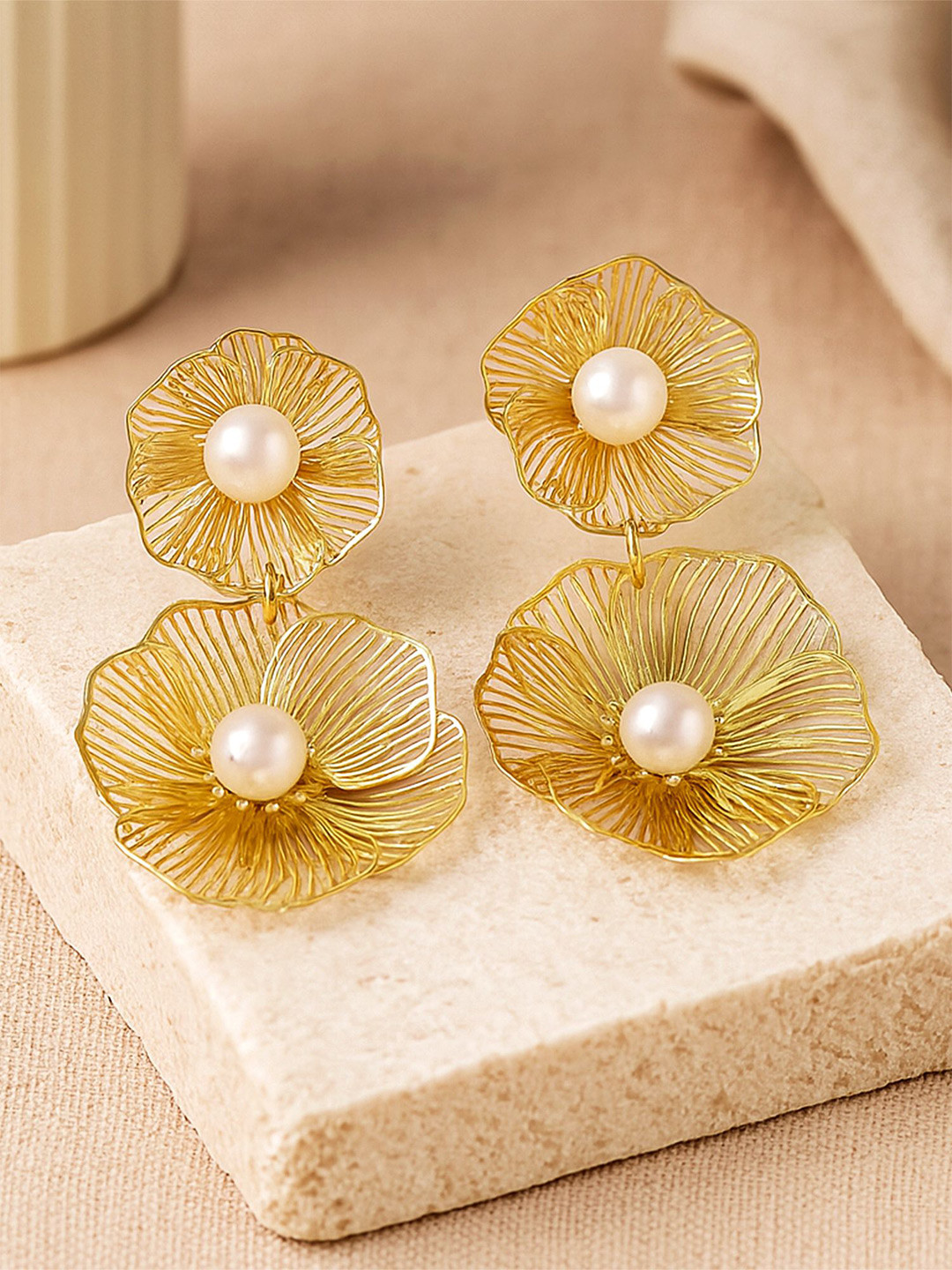 Bohey by KARATCART Gold-Plated Pearls Studded Floral Drop Earrings