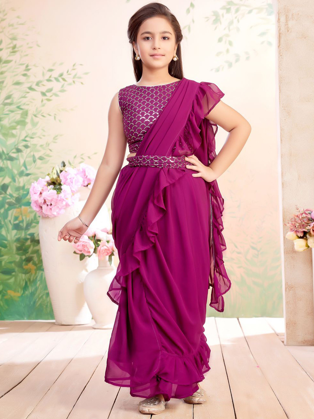 Aarika Girls Sequin Embroidered Georgette Lehenga Saree With Attachable Dupatta & Blouse