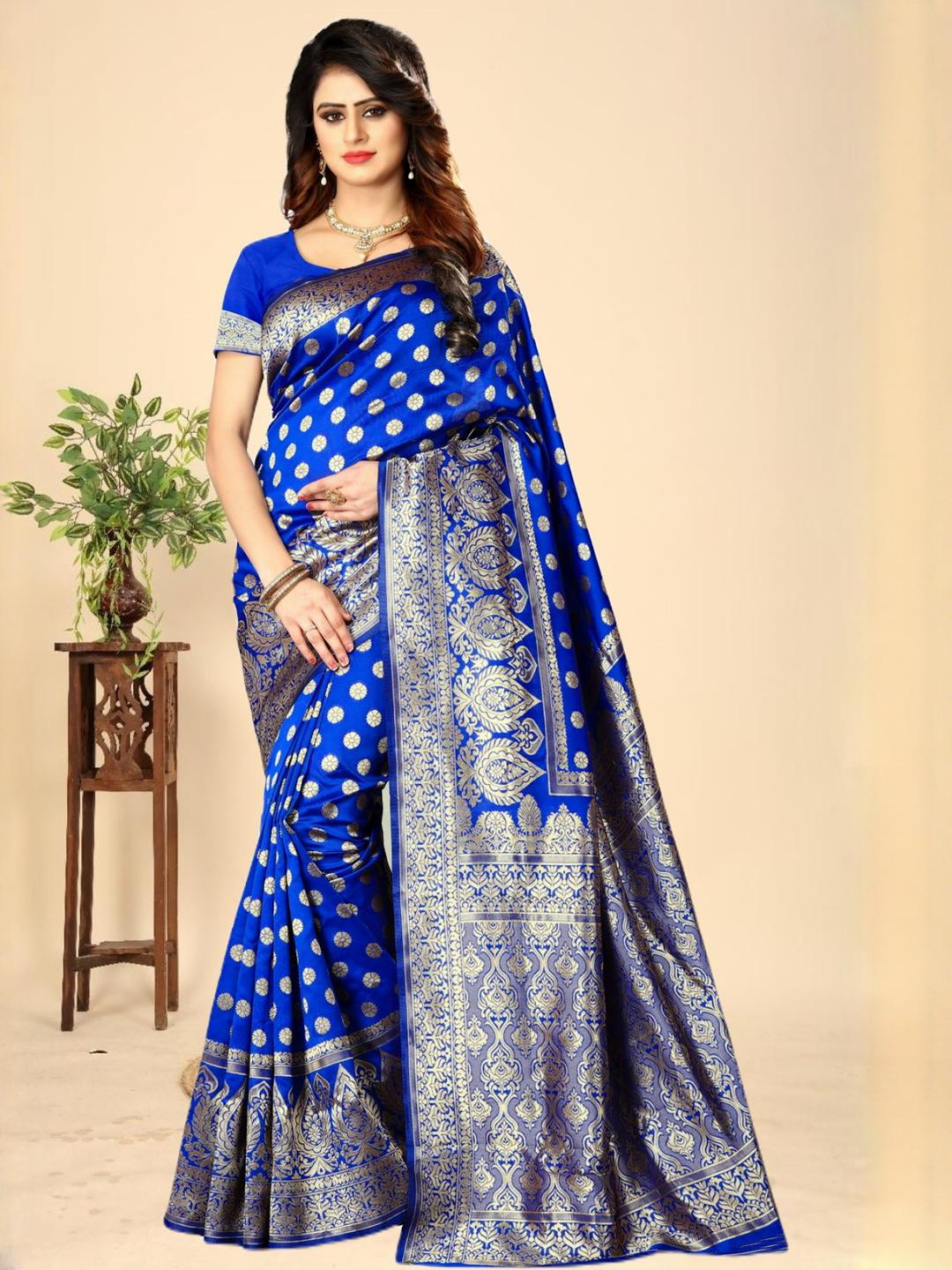 Kevami Fashion Blue Art Silk Kanjeevaram Sarees