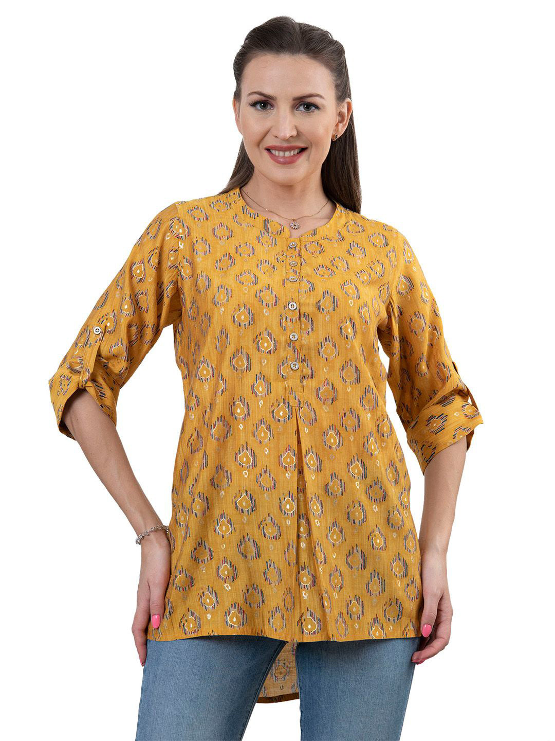 SANAA Ethnic Motifs Printed Roll Up Sleeves Mandarin Collar A-Line Kurti