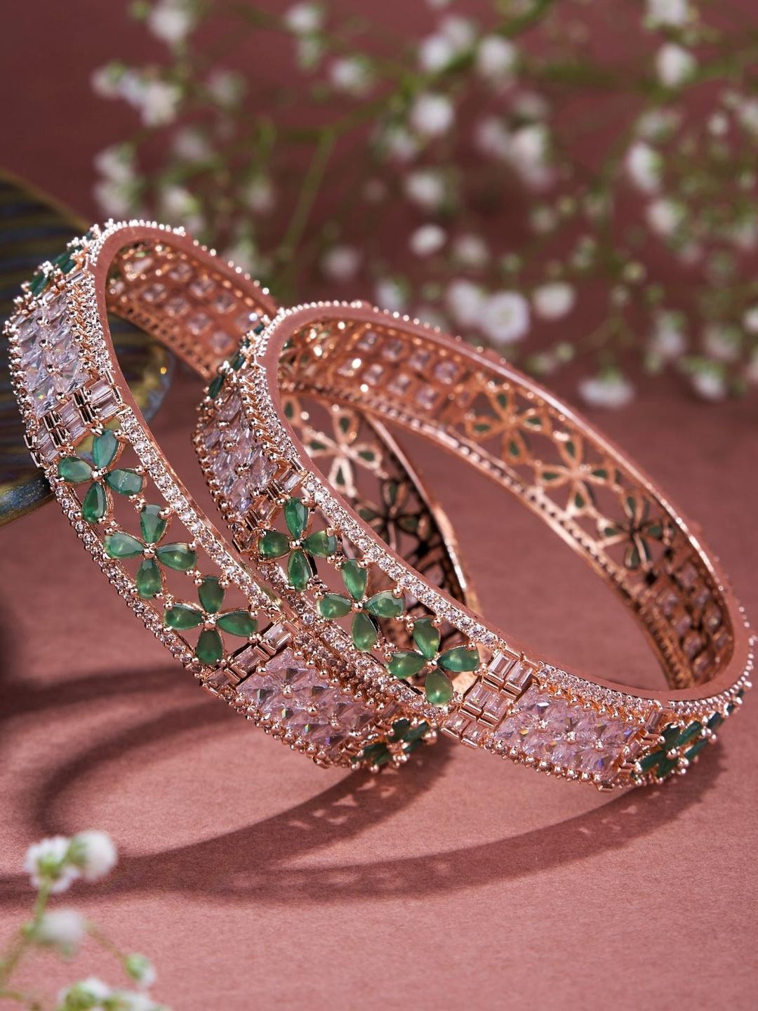 Opal Touch Set Of 2 Rose Gold-Plated American Diamond-Studded Bangles