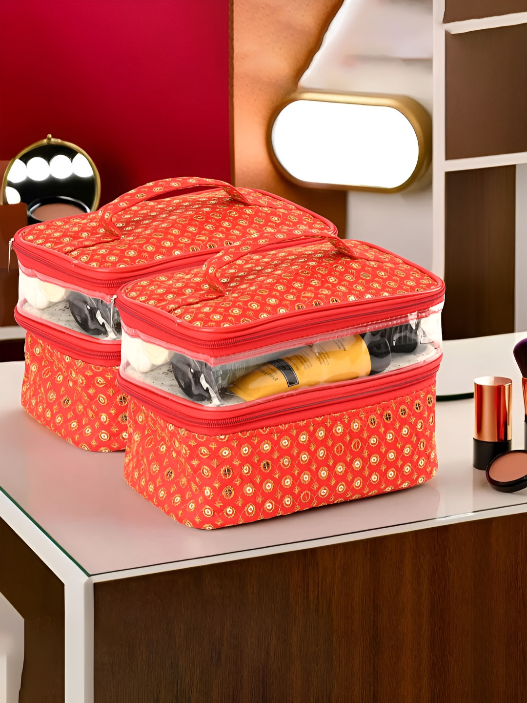 Aura Red & Gold-Toned 2 Pieces Tikli-Design Dual Layer Makeup Organisers